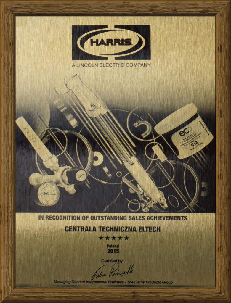 Certyfikat za wybitne osiągnięcia sprzedażowe osprzętu spawalniczego Harris